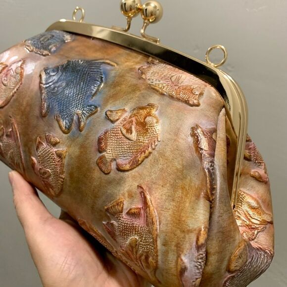 Handmade Genuine Cowhide Fish Embossed Wristlet/Crossbody & 2 Style Straps - Picture 14 of 16